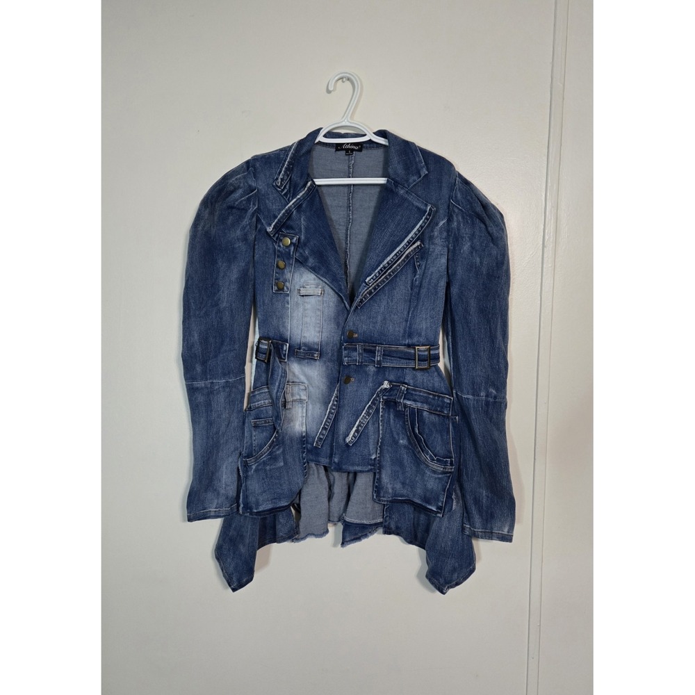 Athina Avant Garde Denim Jean Moto Jacket Peplum Raw Hem Stretch Coat Edgy Small